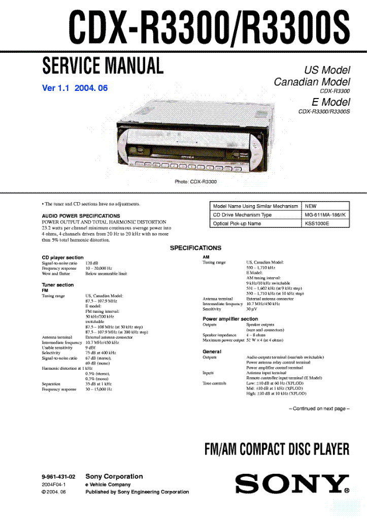 Инструкция автомагнитола sony cdx r3300