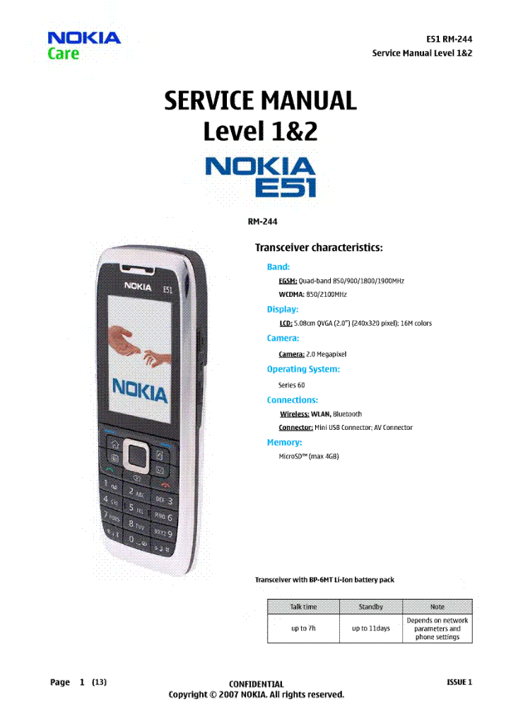 Service manual Nokia E51 level 1&2.